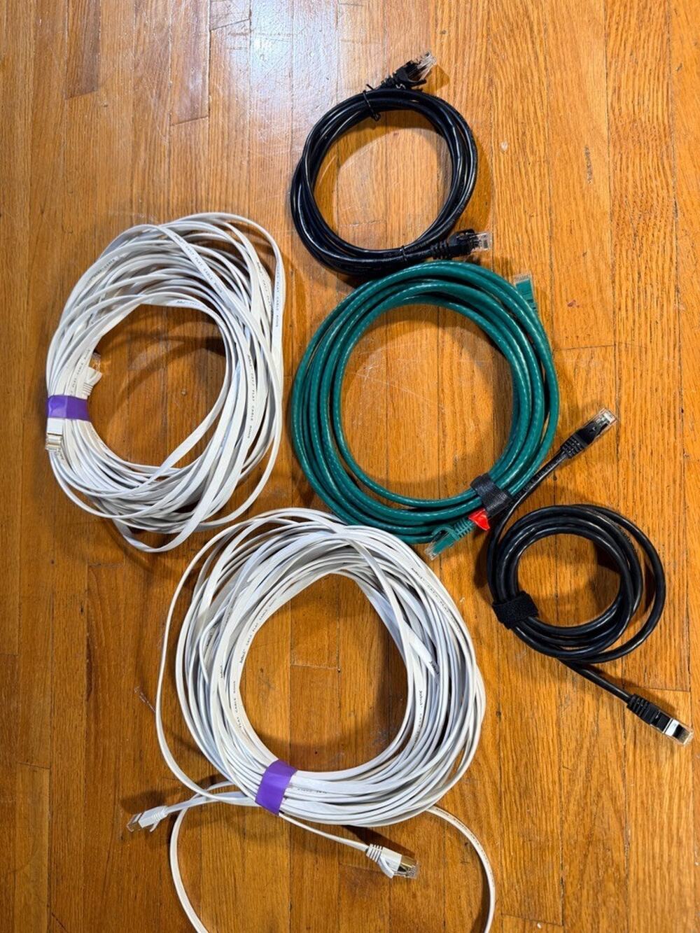 Lot of 5 Ethernet Network Cables, Including White Flat CAT7 Cords
